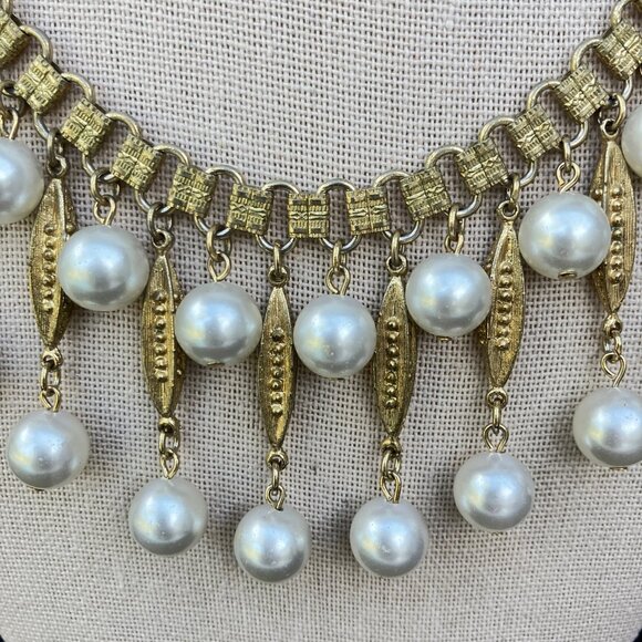 Coro Gold Tone Pearl Drop Waterfall Fringe Bib Necklace - signed - Picture 13 of 15